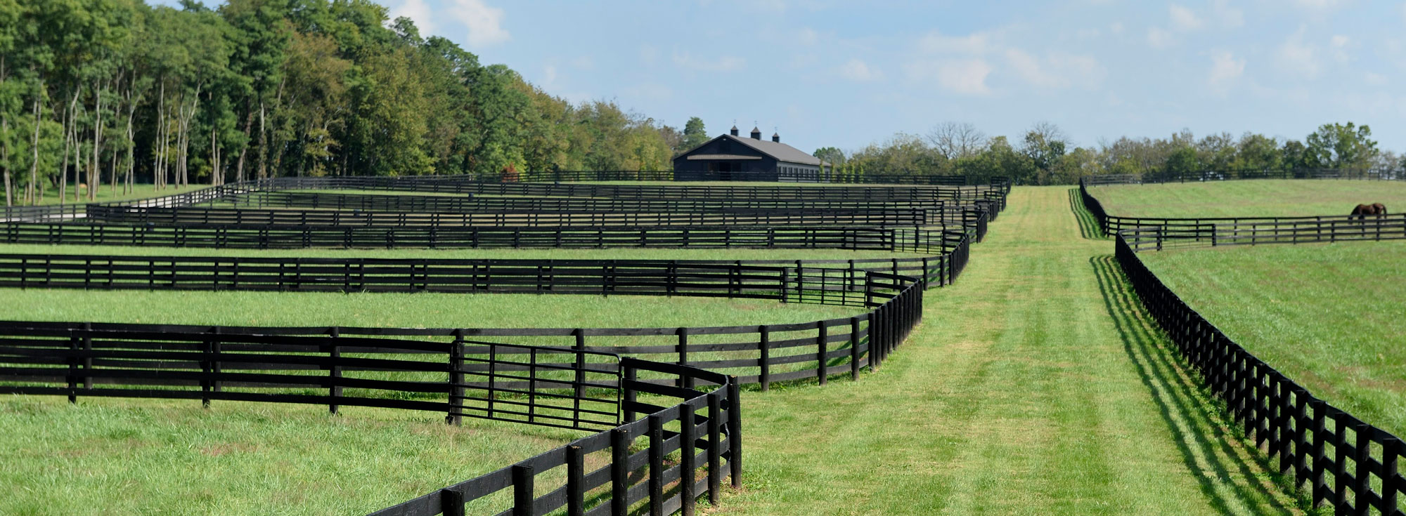  A long shot of a horse farm with a large black barn in the middle and several fenced paddocks with green grass.